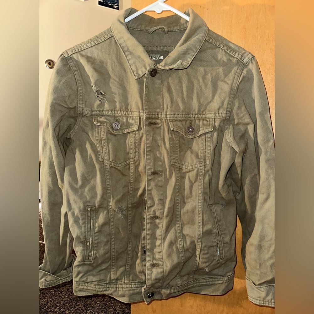 Pull&Bear Green Distressed Denim Jacket